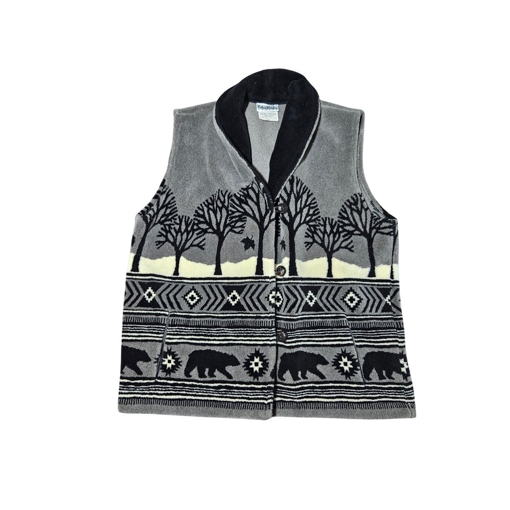 Robert Kitchen Canada‎ Fleece Sz L Button Vest Shawl-Collar Bear Tree Southwest